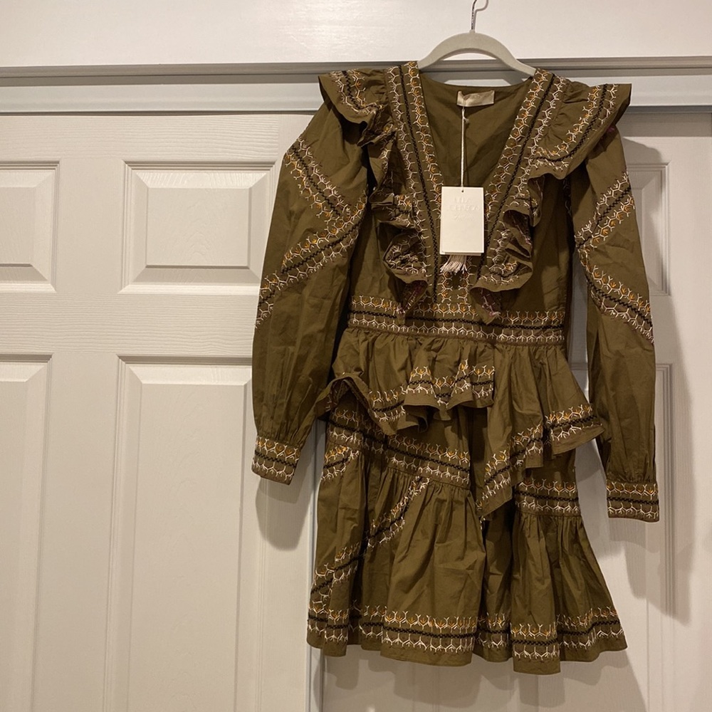 Ulla Johnson Olive Green Ruffled Long-Sleeve Mini Dress
